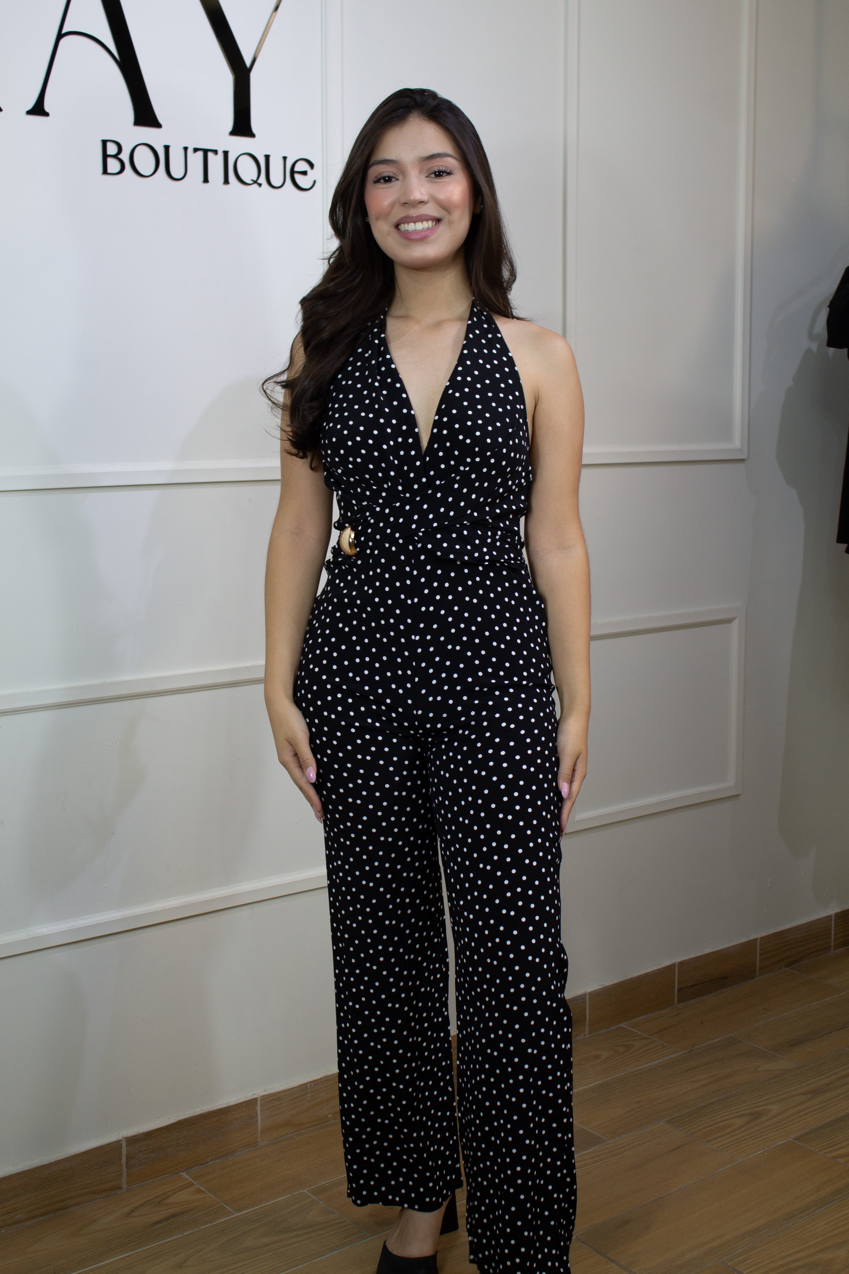 BLACK POLKA DOT HALTER NECK JUMPSUIT