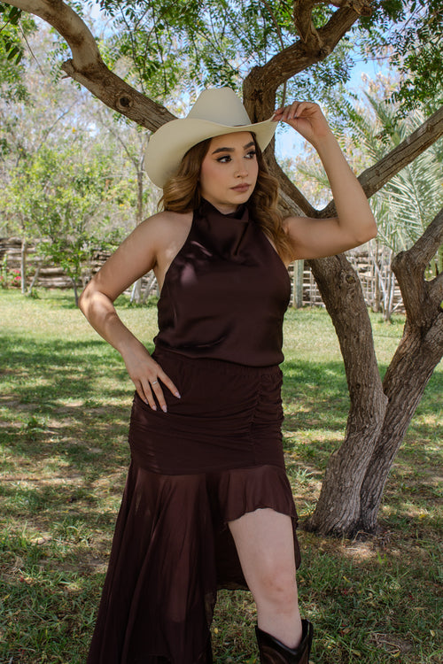 BLUSA HALTER SATÍN CAFÉ