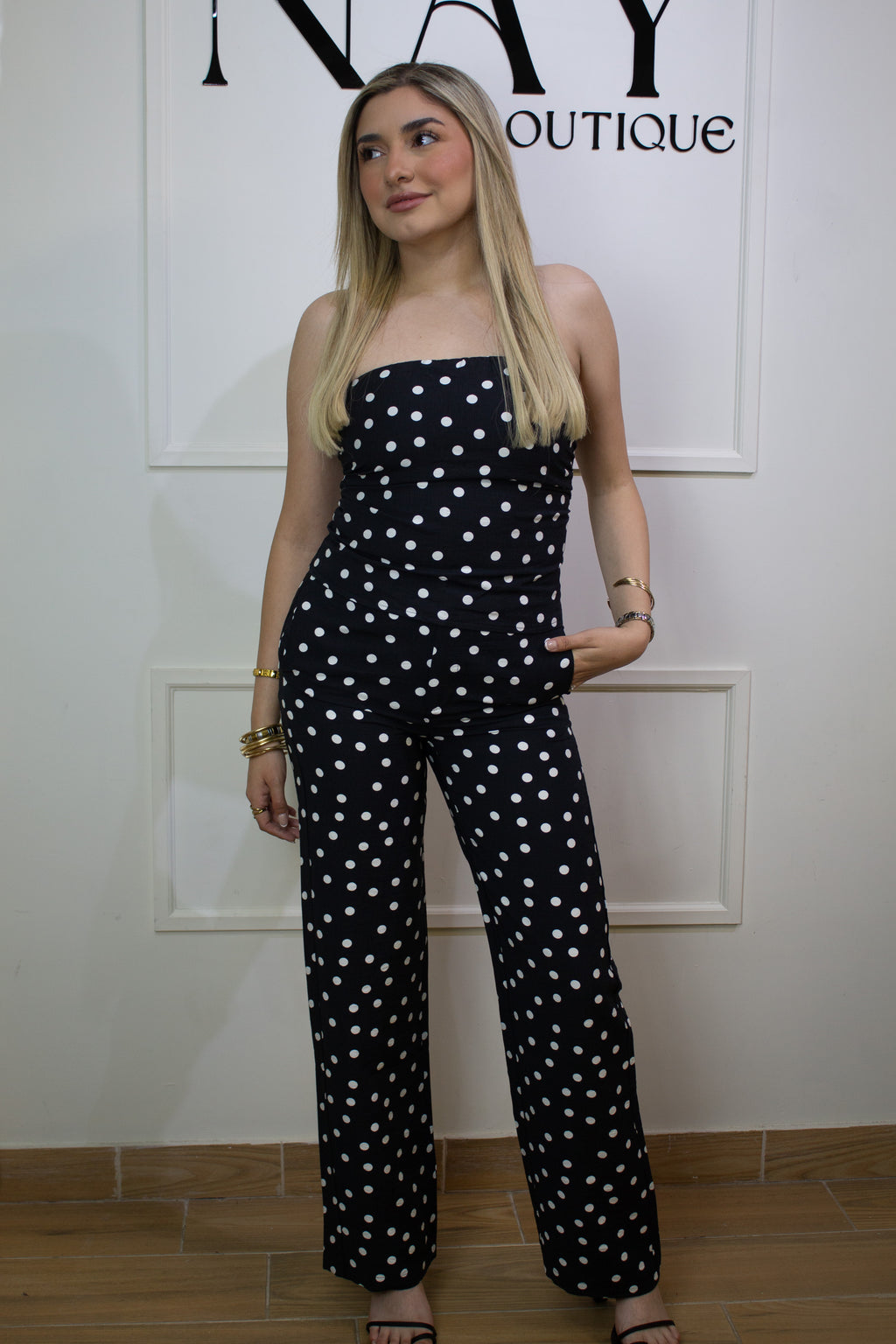 BLACK POLKA DOT STRAPLESS SET