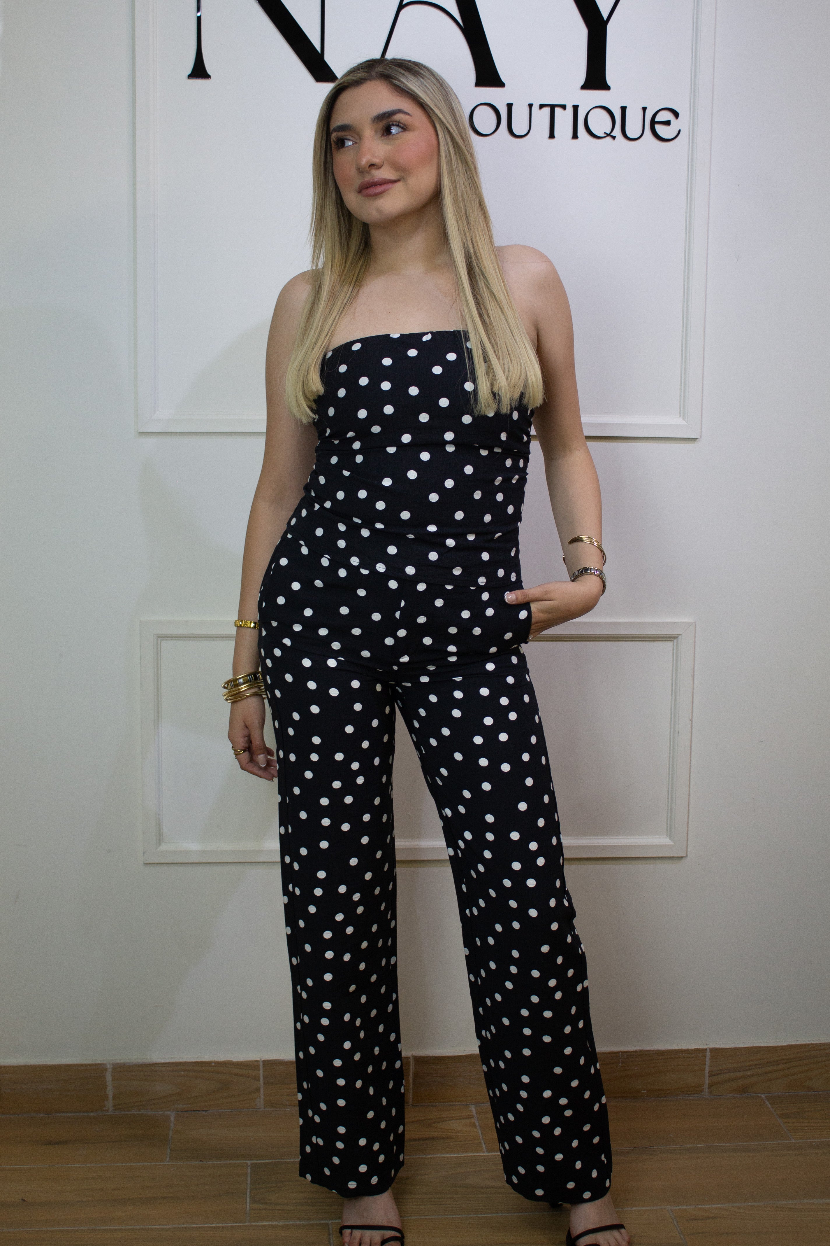 BLACK POLKA DOT STRAPLESS SET