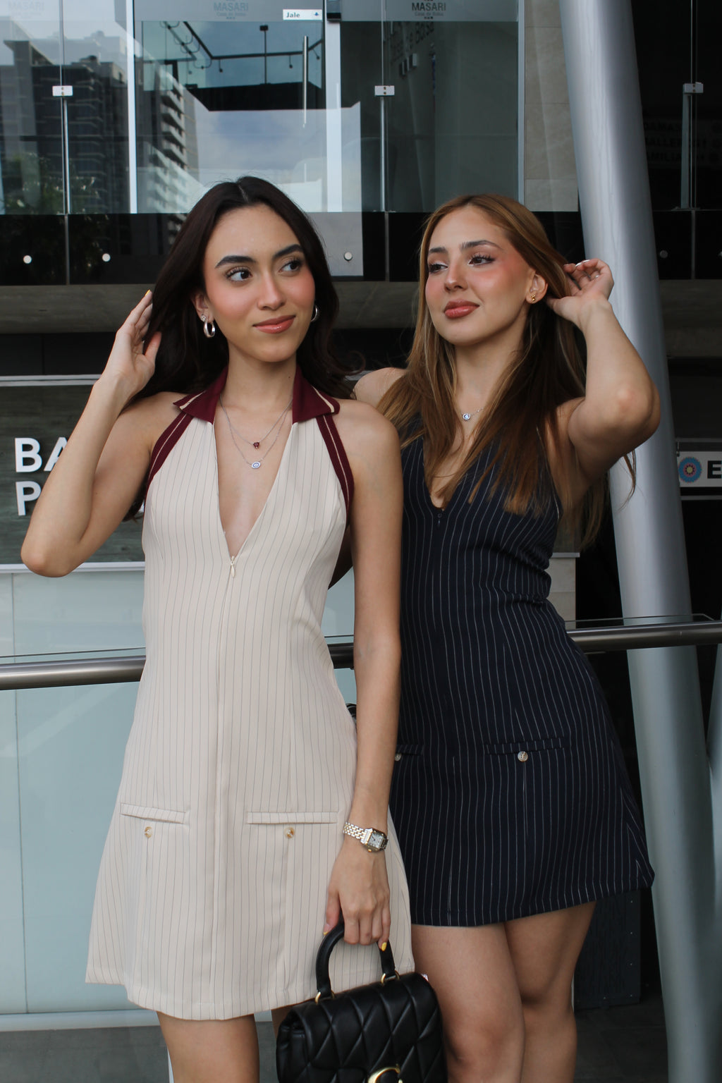 VESTIDO HALTER RAYAS BEIGE+VINO