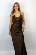 BROWN SATIN MAXI DRESS