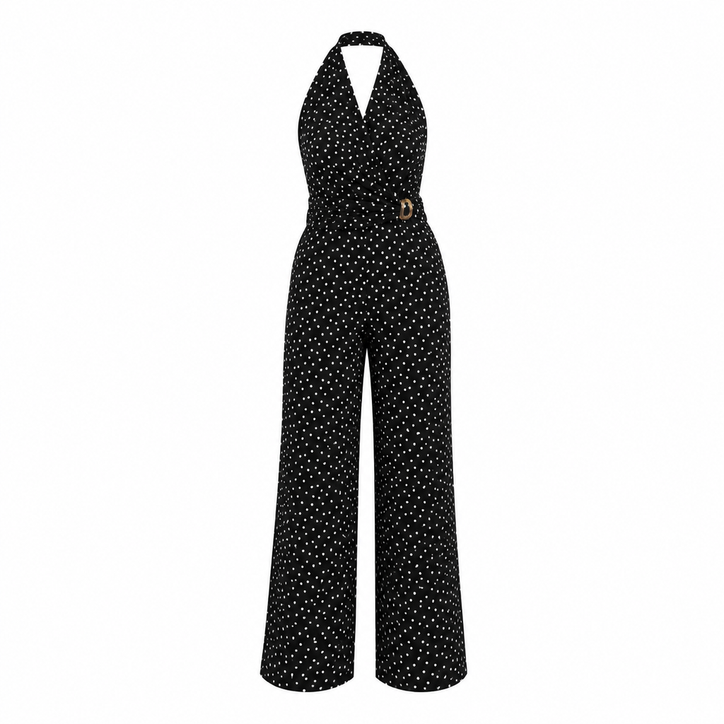 BLACK POLKA DOT HALTER NECK JUMPSUIT
