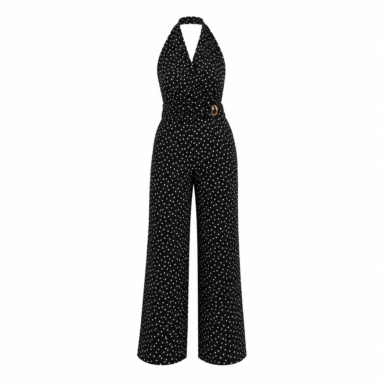 BLACK POLKA DOT HALTER NECK JUMPSUIT